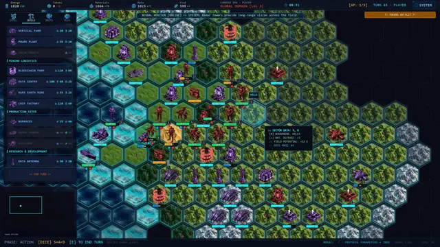 A game of ExaWar in progress: the hex grid with units deployed, the resource panel and the turn bar