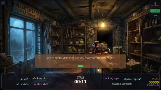 Malonno Survivors, Formis scene: the list of objects to find, the hints, the timer and the score