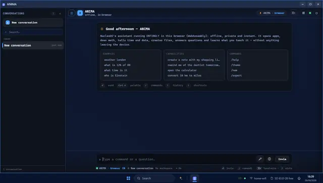 ANIMA, the offline assistant of NucleoOS, open in the browser shell served by the Cardputer