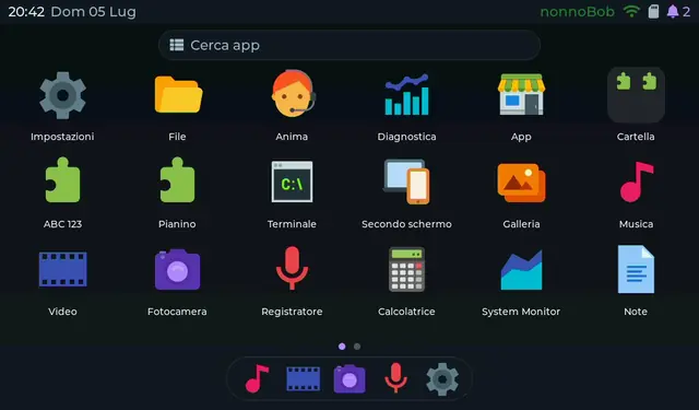 The LVGL launcher of NucleoOS-P4 on the seven-inch panel: app grid, dock and system bar