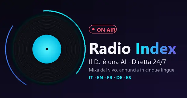 Radio Index: a vinyl record, the ON AIR indicator and the five languages the DJ announces in